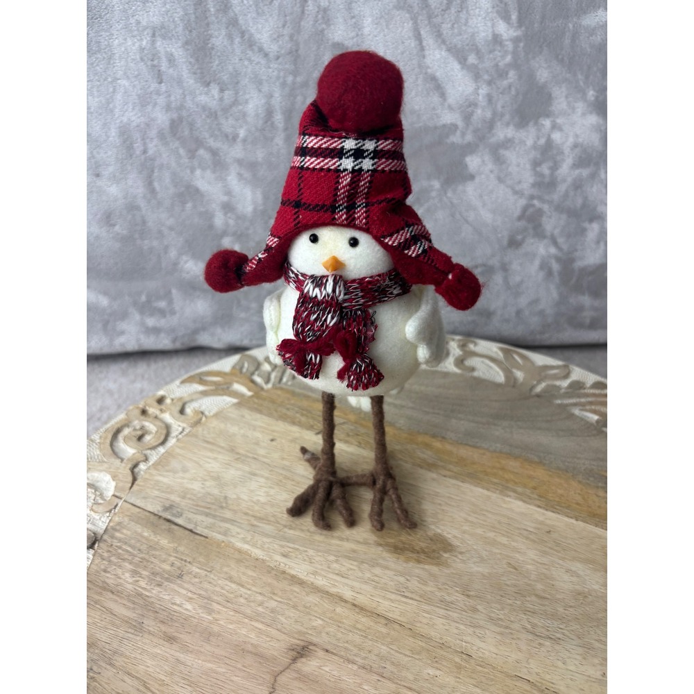 Winter Bird Figurine Red Plaid Trapper Hat Scarf Rustic Christmas Decor 7 Inch